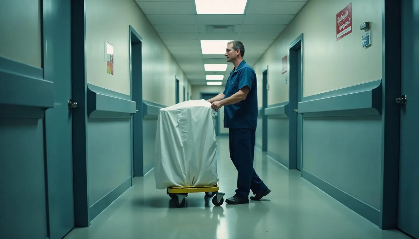 Environmental services worker pushing a covered clean linen cart out of a hospital linen room toward a patient floor, used to show the exact moment a cart leaves the count and becomes somebody else's problem