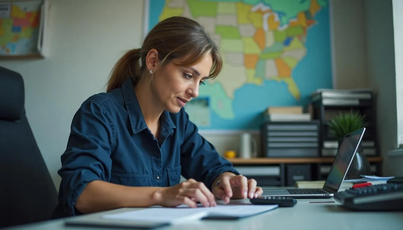 Trucking compliance clerk reviewing fuel receipts and mileage reports for a quarterly fuel tax return, used to illustrate IFTA reporting