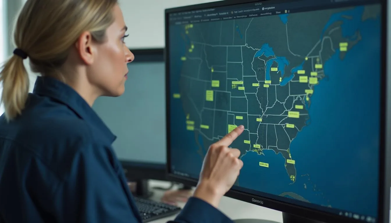 A licensing administrator checking adjuster licence renewal dates across several states on an office screen, used to show where deployment readiness is actually decided.