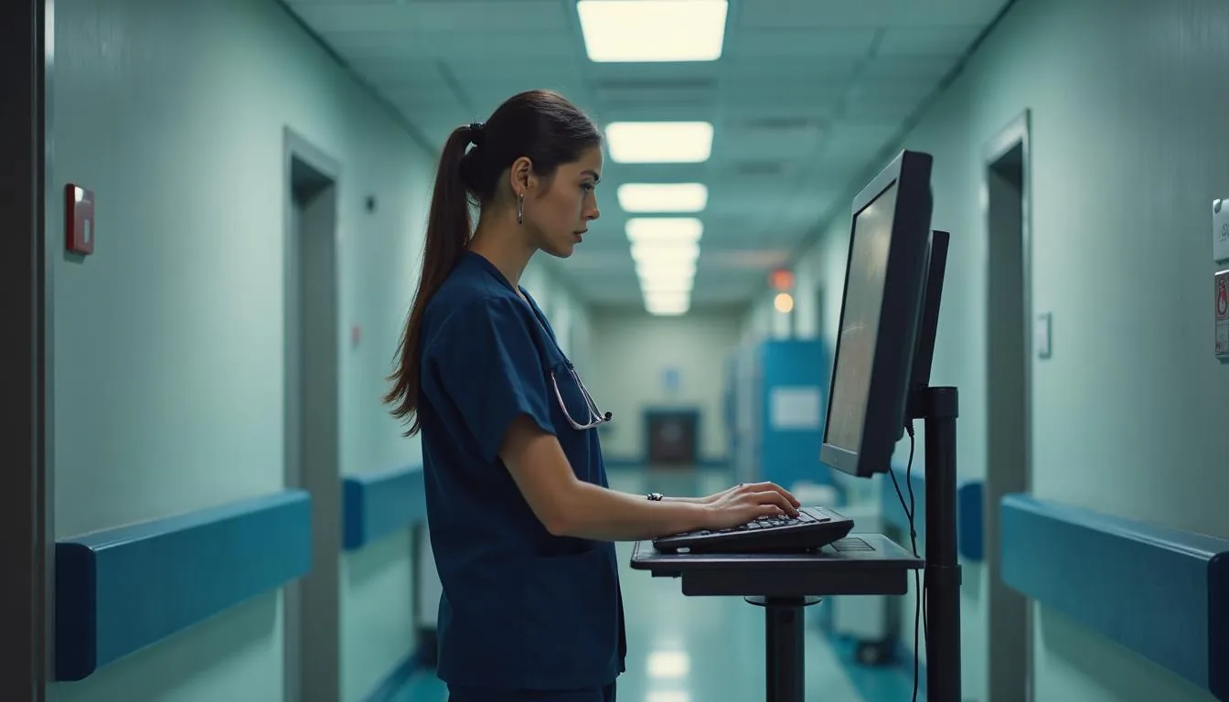 Infection preventionist reviewing patient surveillance data on a workstation in a hospital corridor, used to illustrate HAI case finding