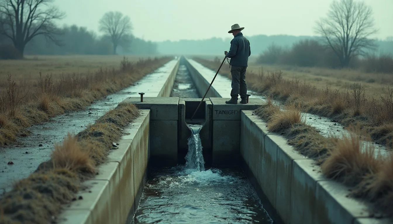Concrete canal turnout with a gate delivering water to a farm lateral, used to illustrate irrigation district water delivery