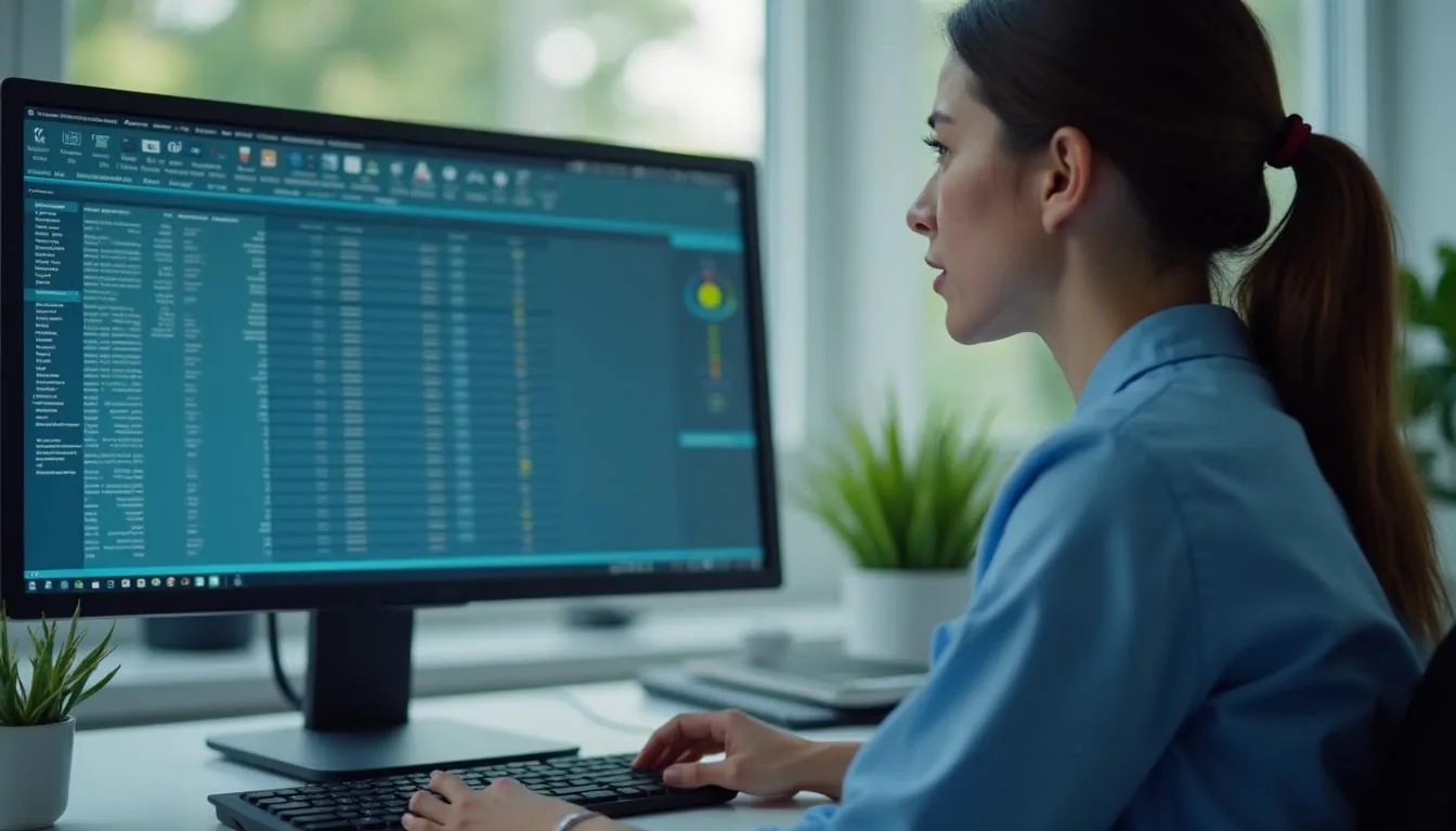 A clinic data coordinator checking unresolved ART cycle outcomes against the annual reporting deadline on a fertility clinic office screen, used to show where federal submissions are assembled.