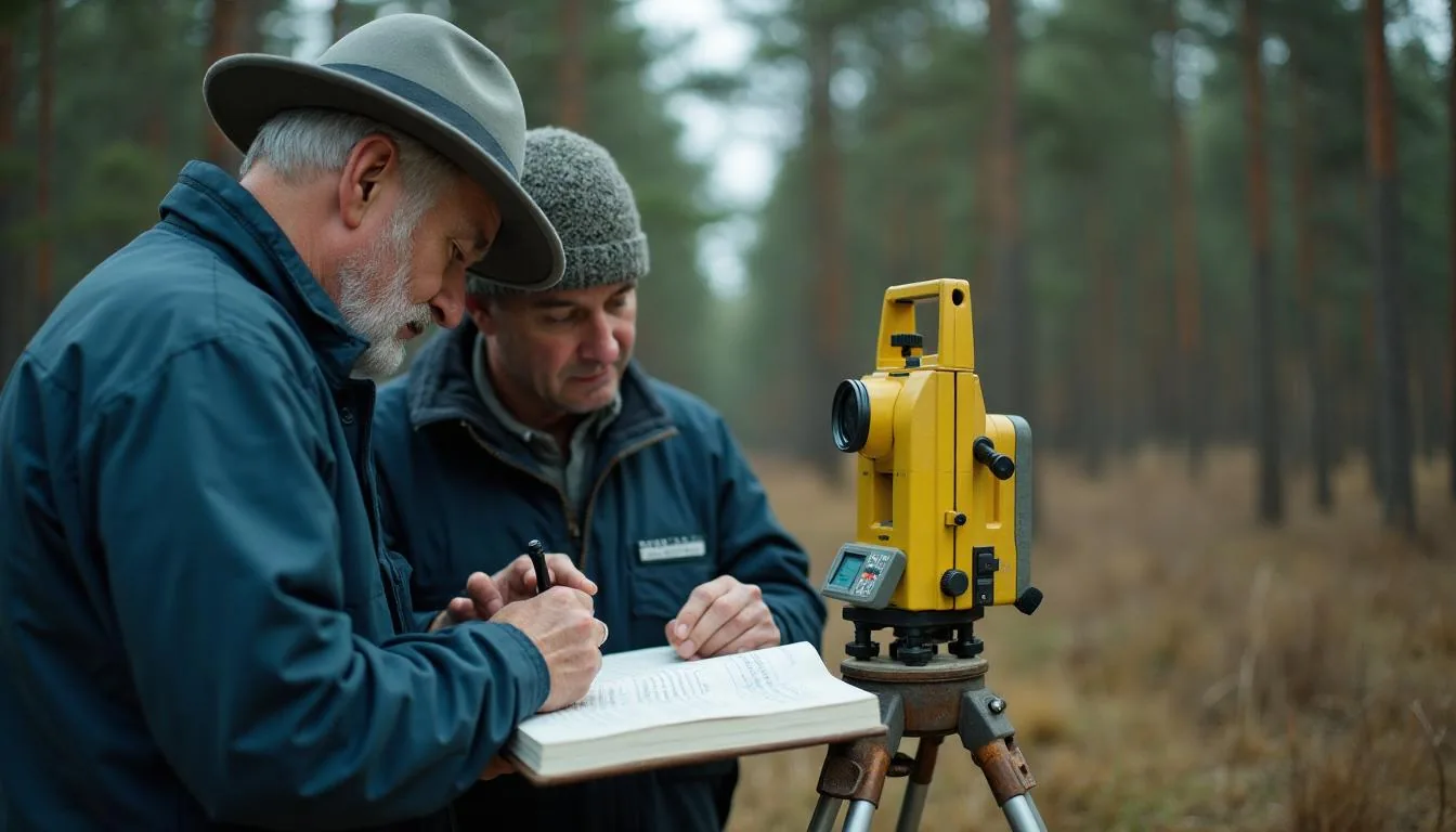 Survey crew setting a monument and writing the found accessories into a field book beside a total station on a wooded boundary line, used to show the moment the statutory filing clock actually starts running
