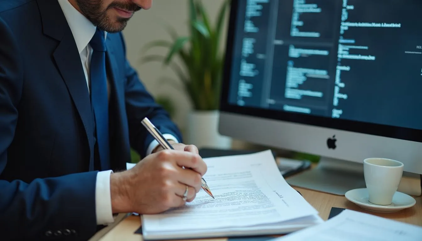 Lease administrator marking an option clause in a bound commercial lease beside a screen of abstracted dates, used to show where a summary field is created and where it can still be checked