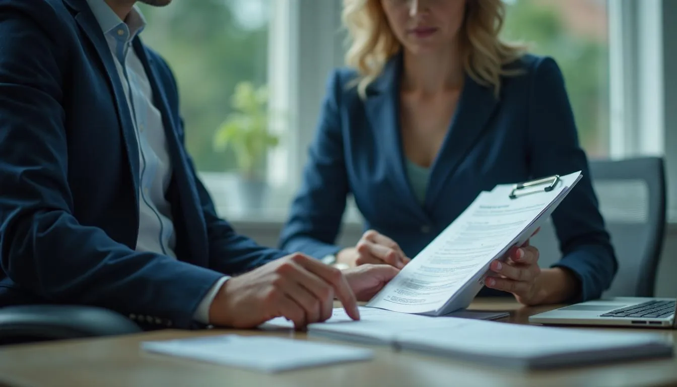 A licensing board analyst reviewing a licensee record and continuing education audit sample at a regulator office