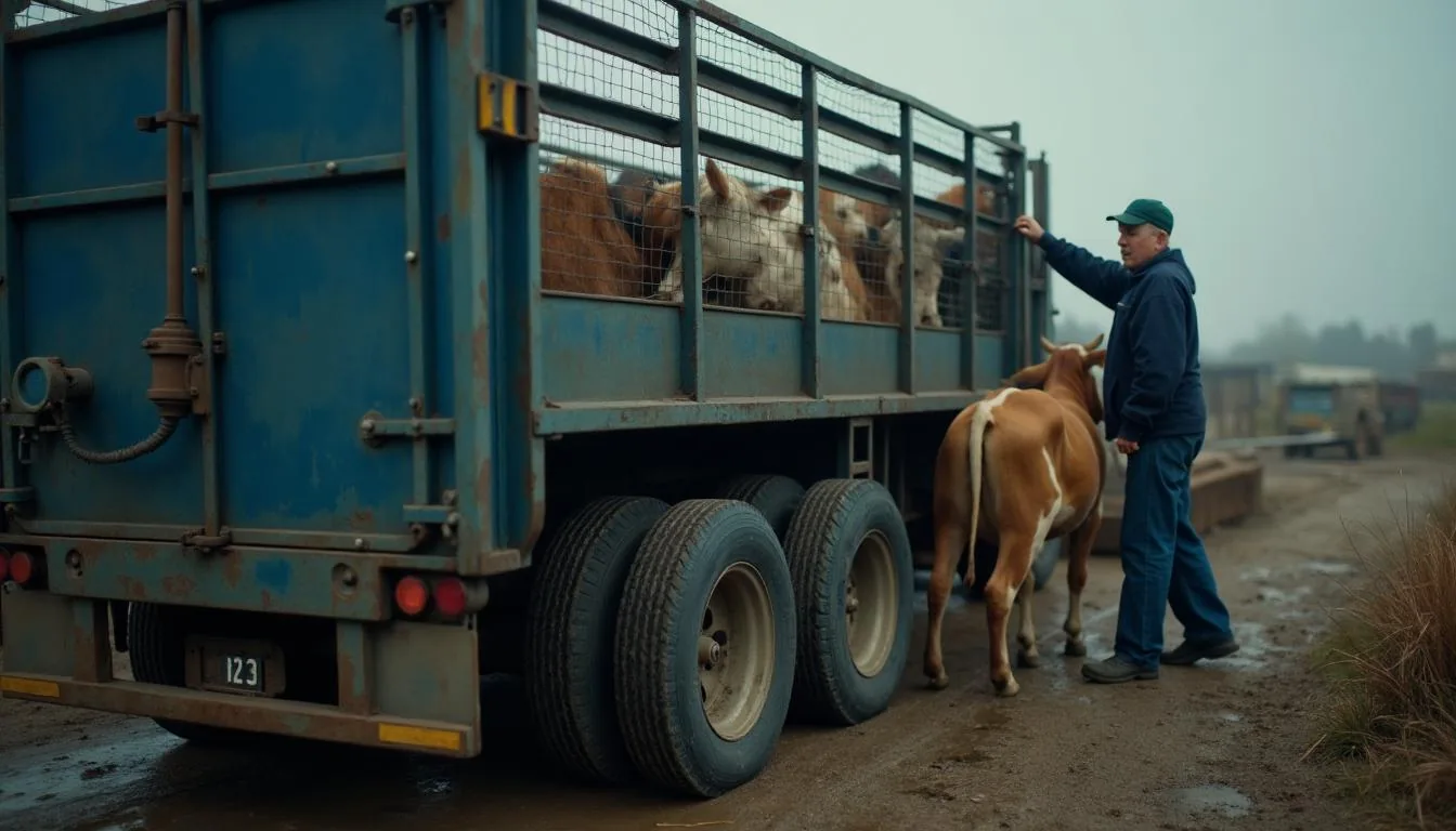 Pot belly livestock trailer being loaded with cattle at a sale barn chute, used to illustrate livestock hauling operations