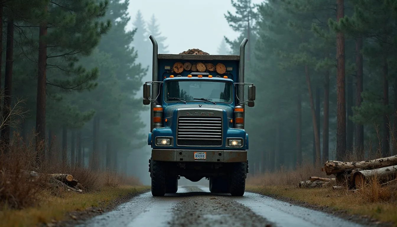Loaded log truck leaving a harvest landing on a forest road, used to illustrate timber log hauling