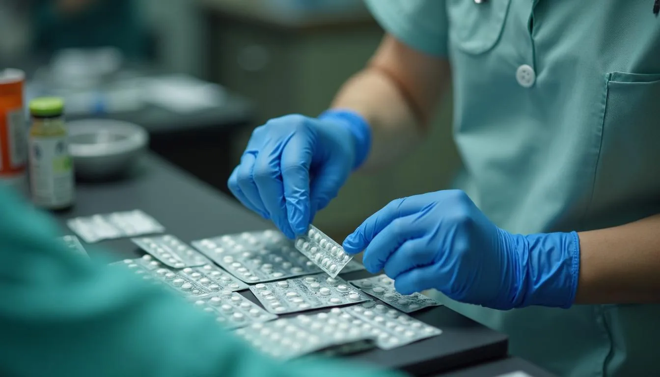 Pharmacy technician assembling unit dose blister cards for a nursing home cycle fill, used to illustrate long term care pharmacy operations