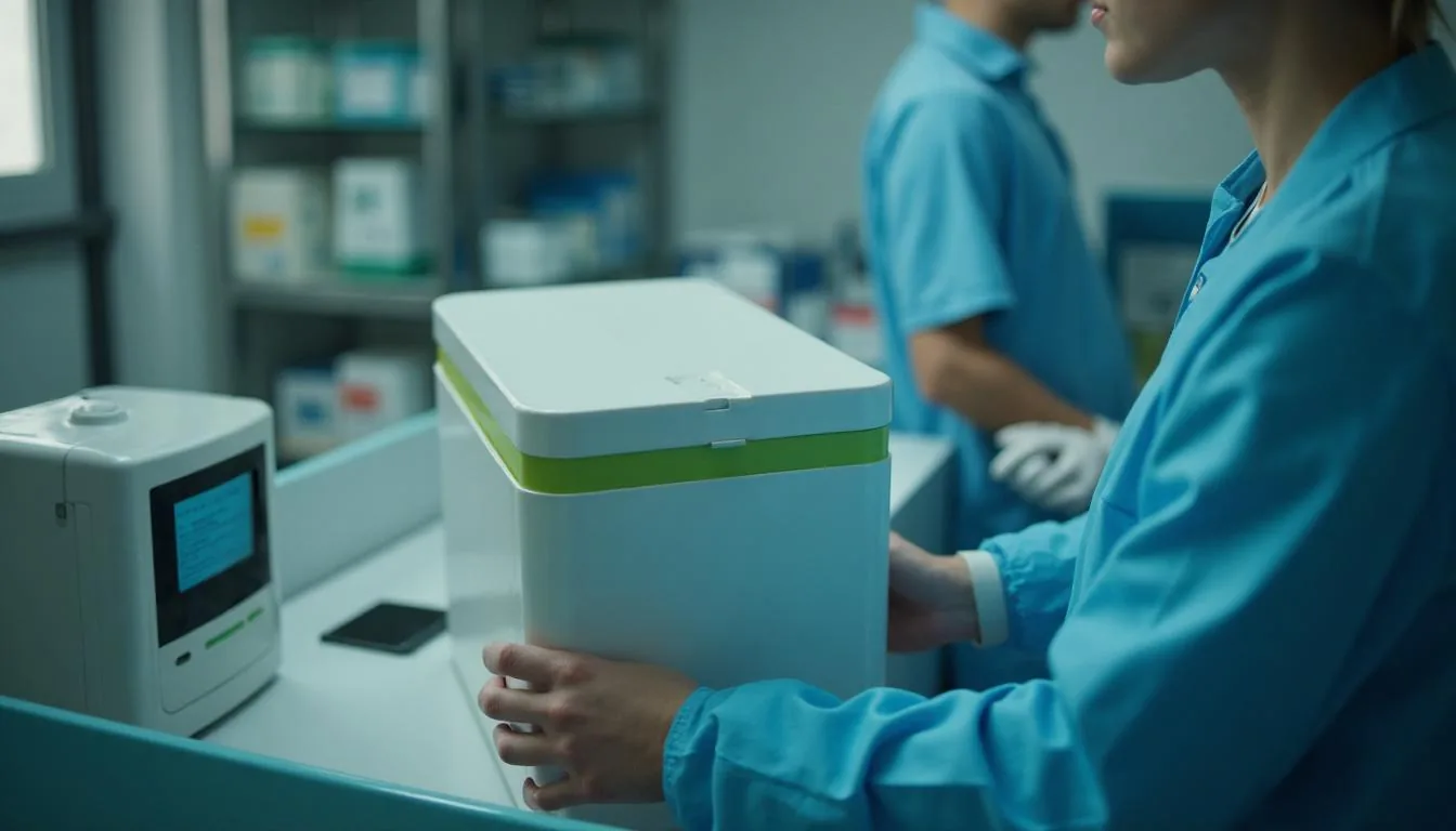 Courier handing a sealed specimen cooler across a hospital laboratory receiving counter, used to show the moment custody actually changes hands and the temperature reading has to be captured