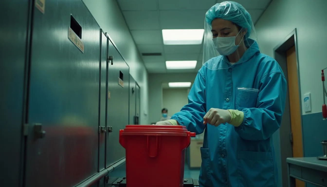 Environmental services technician sealing a red biohazard container in a hospital soiled utility room, used to illustrate regulated medical waste handling