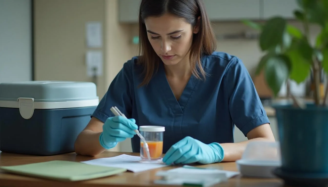 Mobile phlebotomist labelling tubes at a patient's kitchen table with a requisition and a transport cooler beside her, used to illustrate where collection time and custody are actually captured