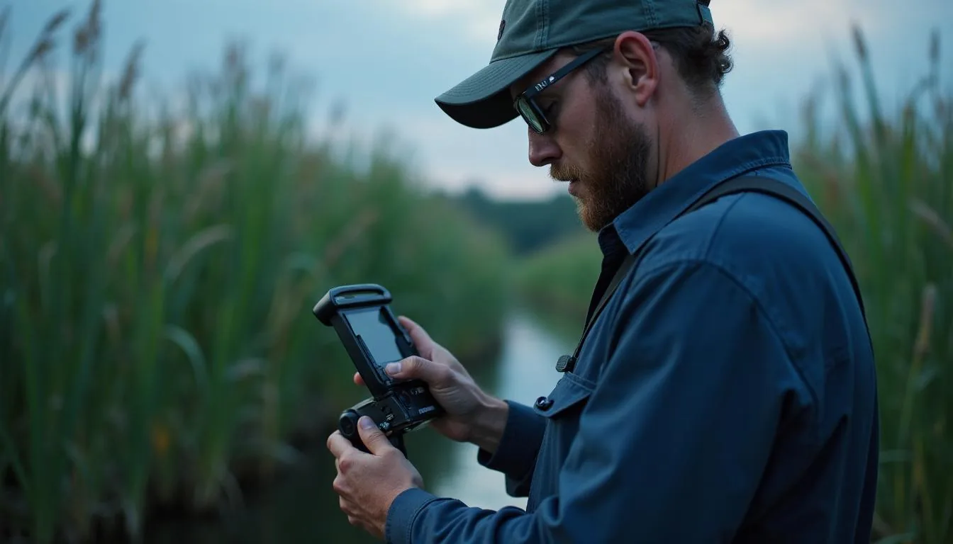 Mosquito control technician checking a CO2 light trap in wetland habitat at dawn, used to illustrate vector surveillance work