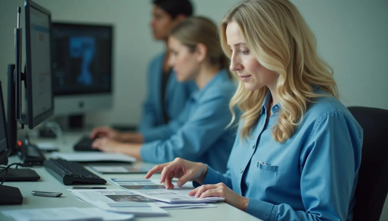 Oral surgery practice coordinator sorting faxed referral packets and panoramic images at a front desk, used to illustrate oral surgery practice intake
