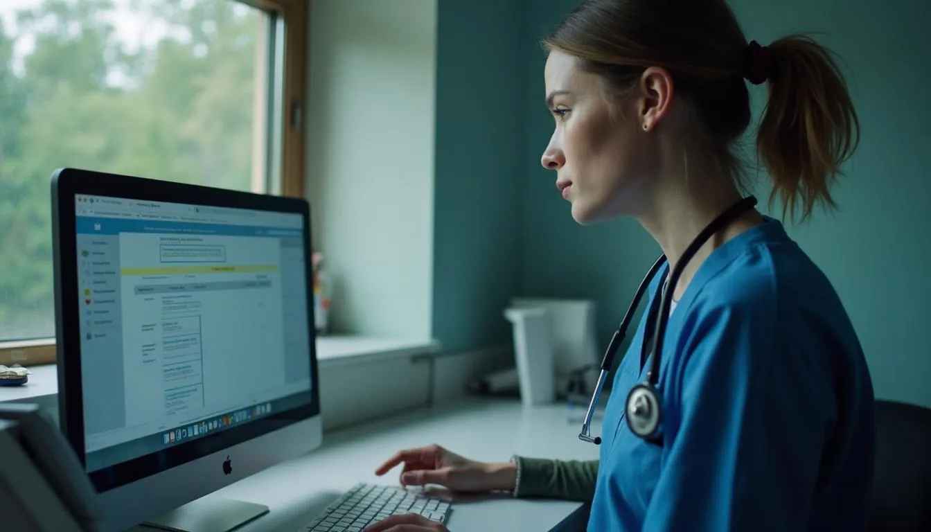 Nurse at an opioid treatment program dosing window reviewing a patient record on screen, used to illustrate OTP clinical operations
