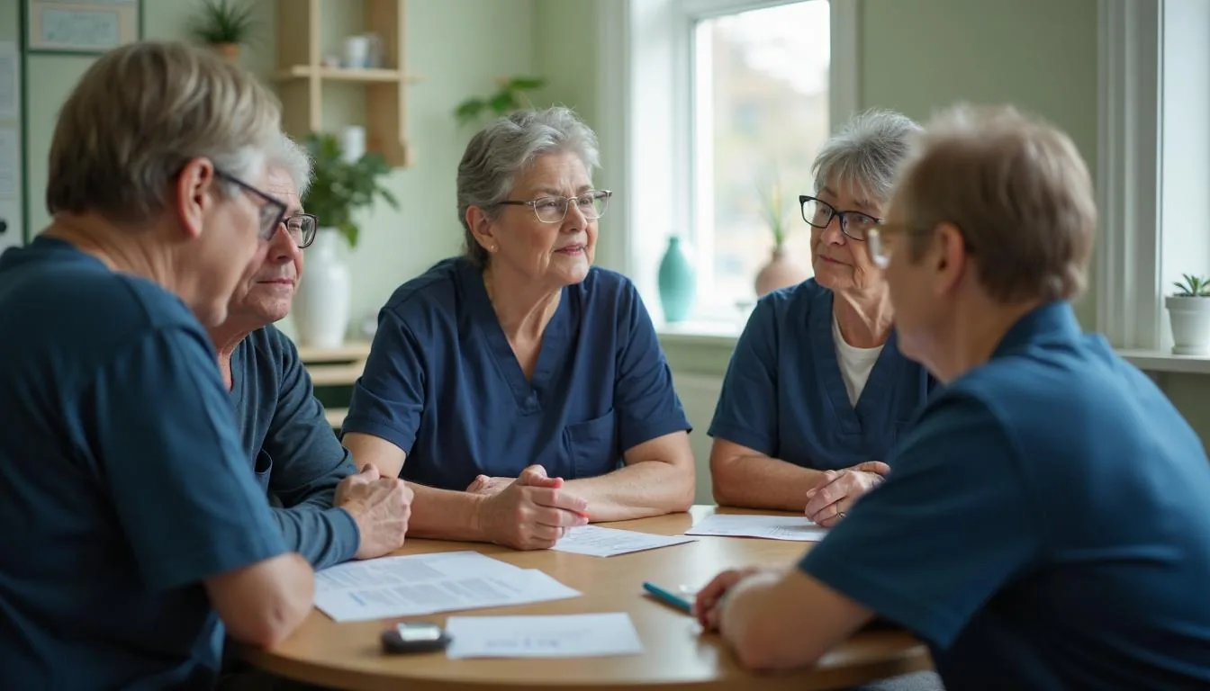 Interdisciplinary care team meeting around a table at an adult day health centre discussing one participant, used to illustrate how eleven disciplines end up on a single care record