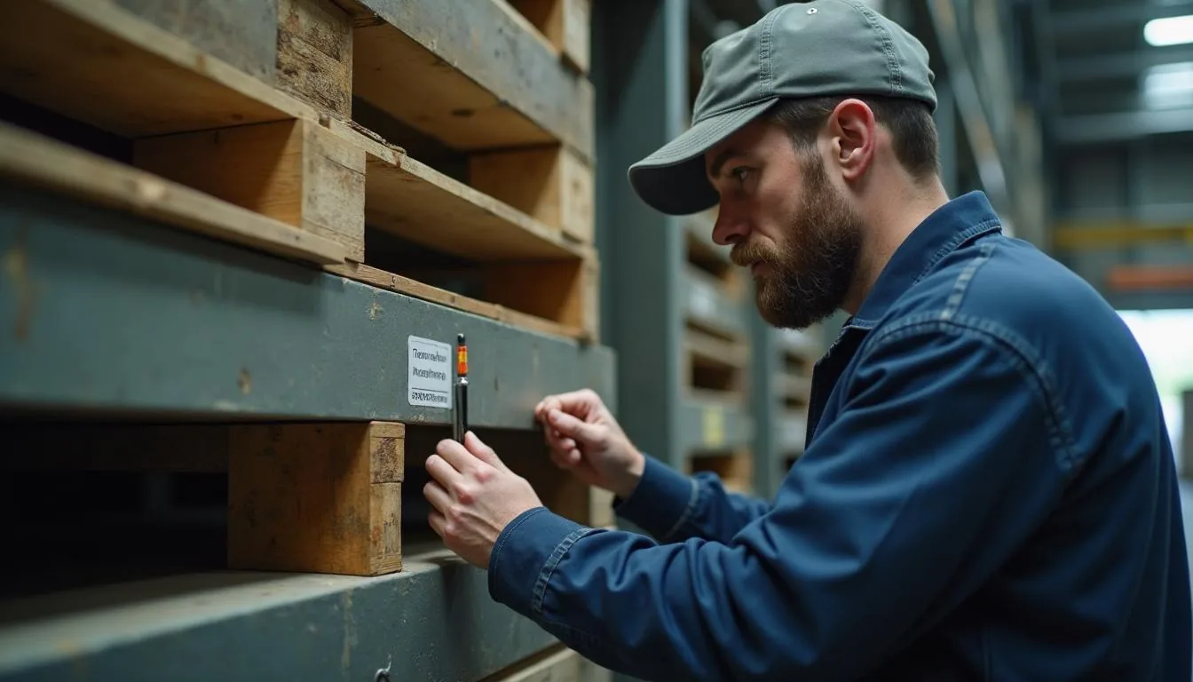 Warehouse worker inspecting the treatment stamp on the stringer of a stacked export pallet, used to show the one mark that decides whether a container clears or is refused