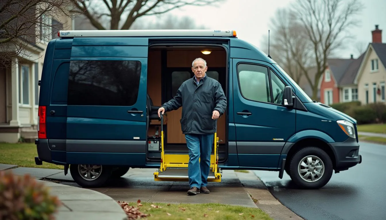 Accessible paratransit van with a wheelchair lift deployed at a residential kerb, used to illustrate demand response scheduling