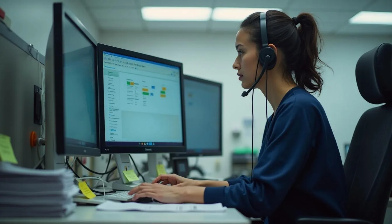 Prior authorization coordinator on a headset reviewing payer portals at a clinic back office desk, used to illustrate authorisation workflow