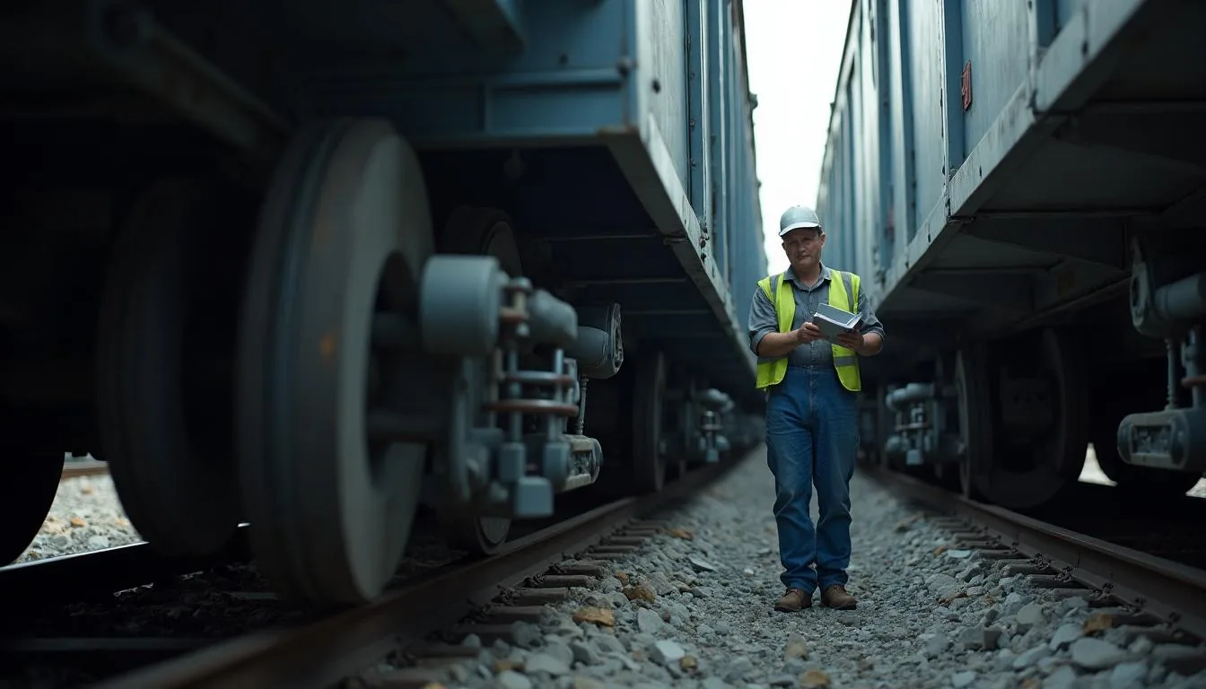 Rail car inspector checking wheelsets and couplers on a line of freight cars in a yard, used to illustrate rail car fleet management