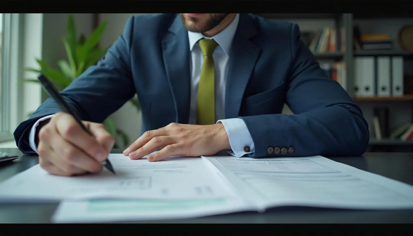 An appraiser reviewing a property file and comparable sales at a valuation firm desk before signing the report