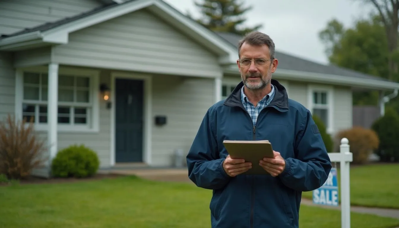 REO asset manager inspecting a vacant foreclosed property with a clipboard, used to illustrate post foreclosure asset management