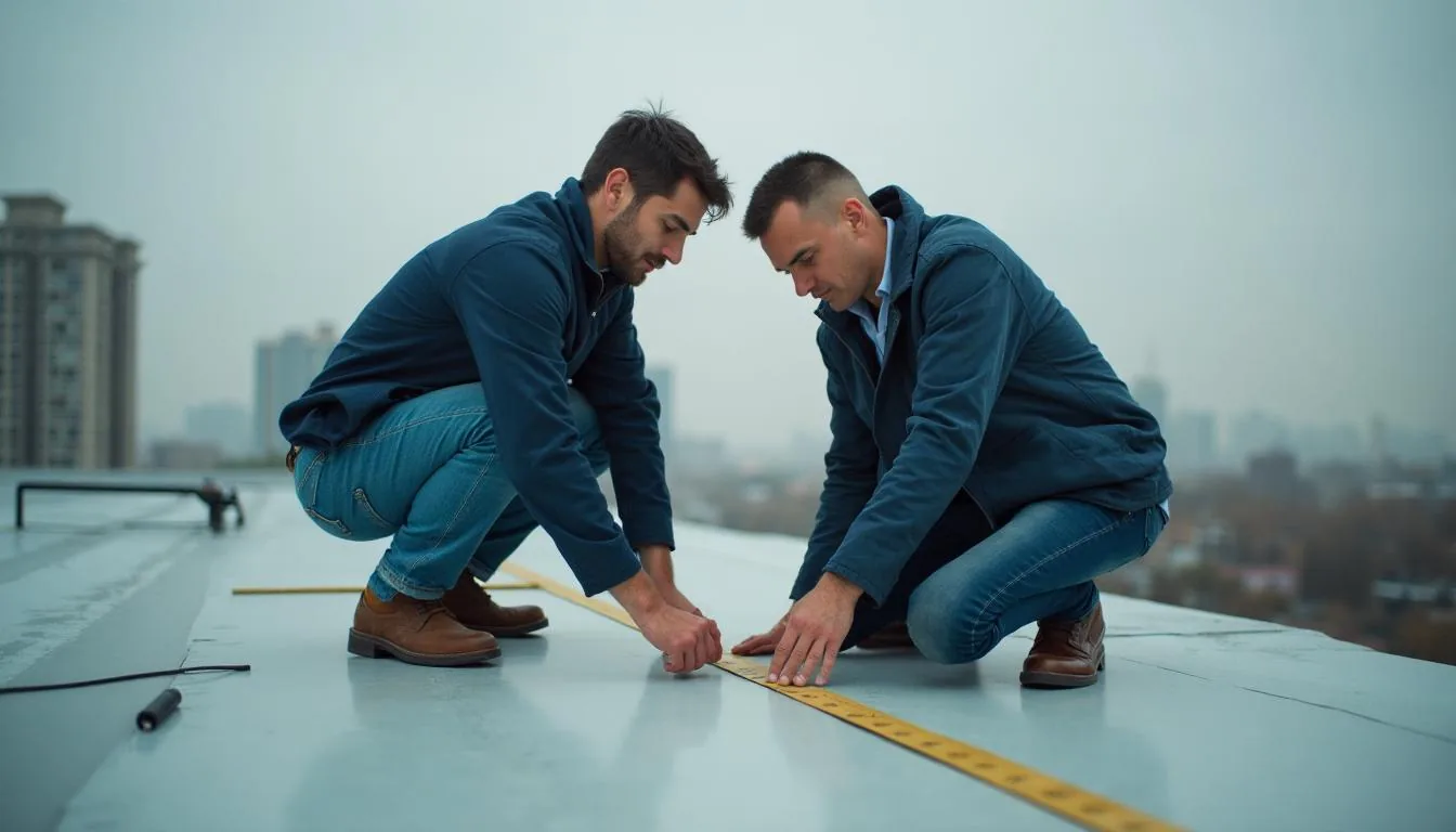 Property manager and a reserve analyst on a condominium roof measuring the remaining life of a membrane, used to show where the numbers in a funding plan are actually decided
