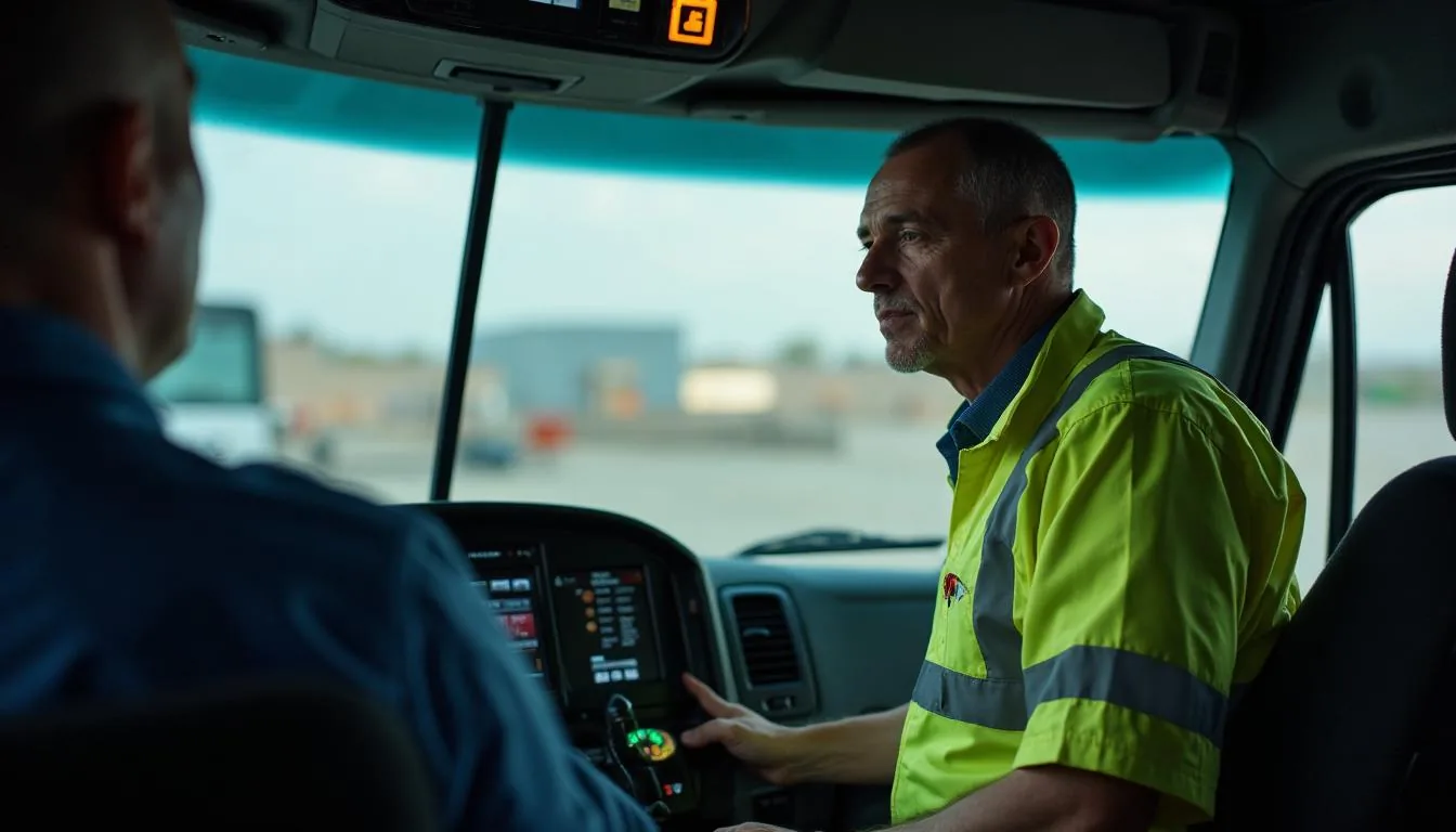 A dispatch manager checking the gross weight of a recreation vehicle against a driver assignment screen in a plant yard office, used to show where the exemption is actually enforced.