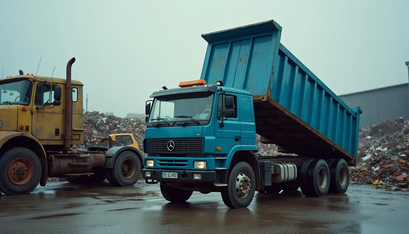Roll off truck placing an open top container at a scrap metal recycling yard beside a truck scale, used to illustrate scrap metal recycling hauling