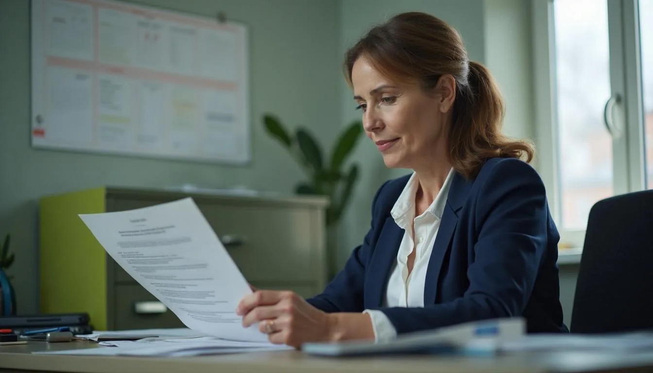 Affordable housing compliance specialist reviewing tenant certification files in a housing authority office, used to illustrate Section 8 recertification work