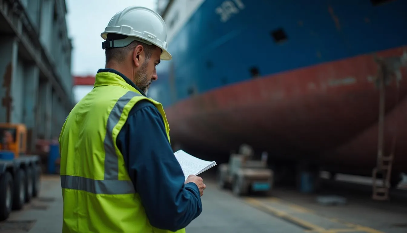 Ship repair superintendent reviewing work items beside a vessel in drydock, used to illustrate shipyard repair management