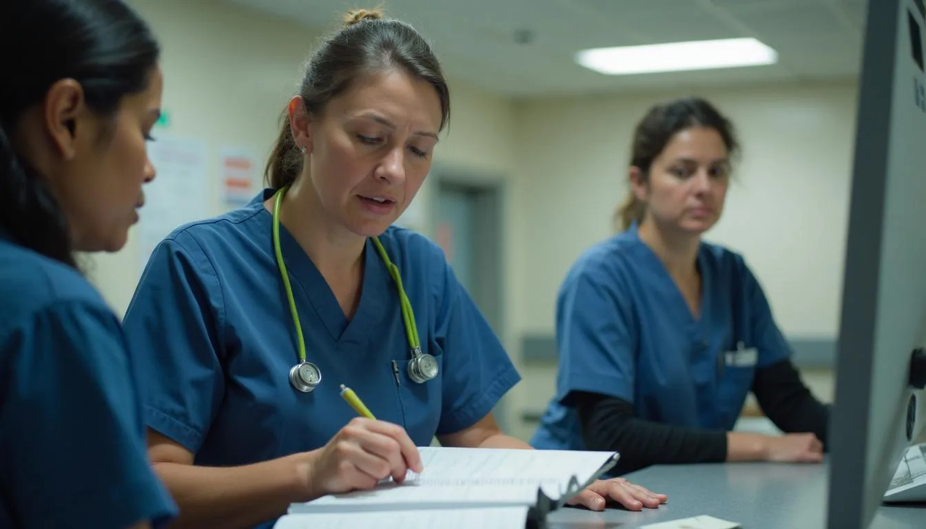 MDS coordinator reviewing resident assessment schedules at a nursing station, used to illustrate skilled nursing facility assessment work