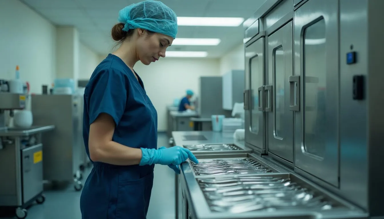 Sterile processing technician assembling a surgical instrument tray in a hospital decontamination room, used to illustrate instrument tray tracking