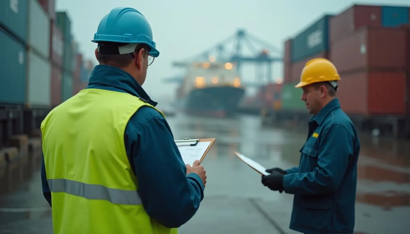 Terminal superintendent with a clipboard watching longshore gangs work containers at a berth, used to illustrate stevedoring labor management