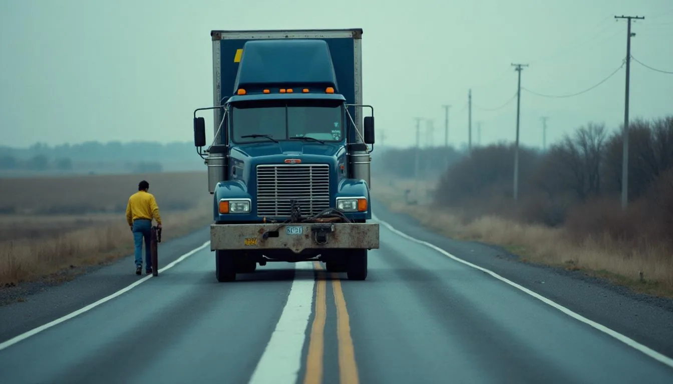 Long line striping truck applying a white edge line on a rural two lane highway, used to illustrate pavement marking work