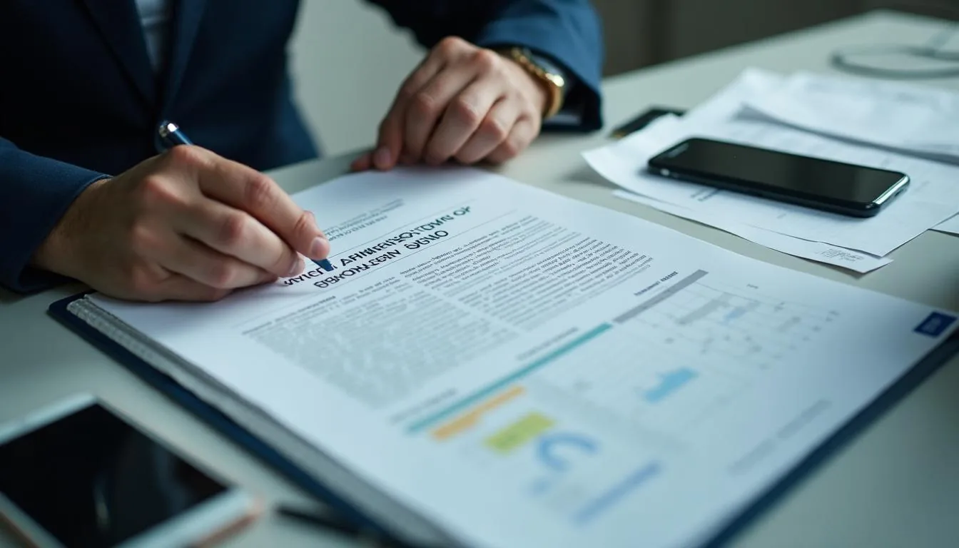 Executed performance bond, power of attorney and a work in progress schedule on a bond manager desk, illustrating contract surety agency work