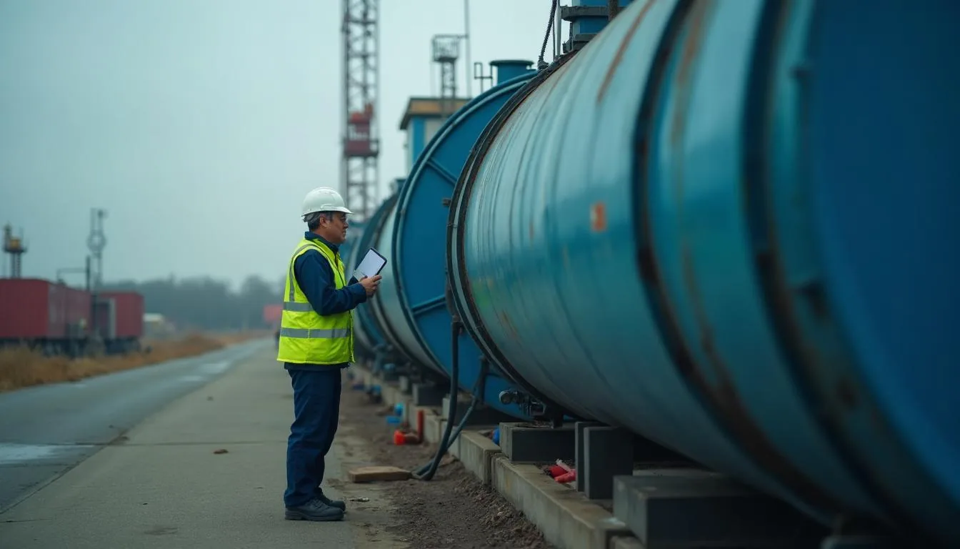 Inspector checking secondary containment around a row of aboveground bulk storage tanks at an industrial terminal