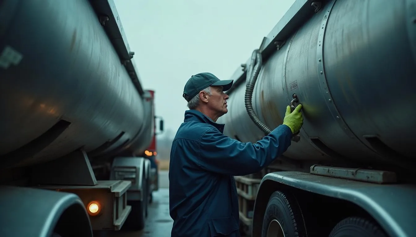 Tank truck driver checking a stainless bulk liquid trailer at a loading rack, used to illustrate cargo tank operations