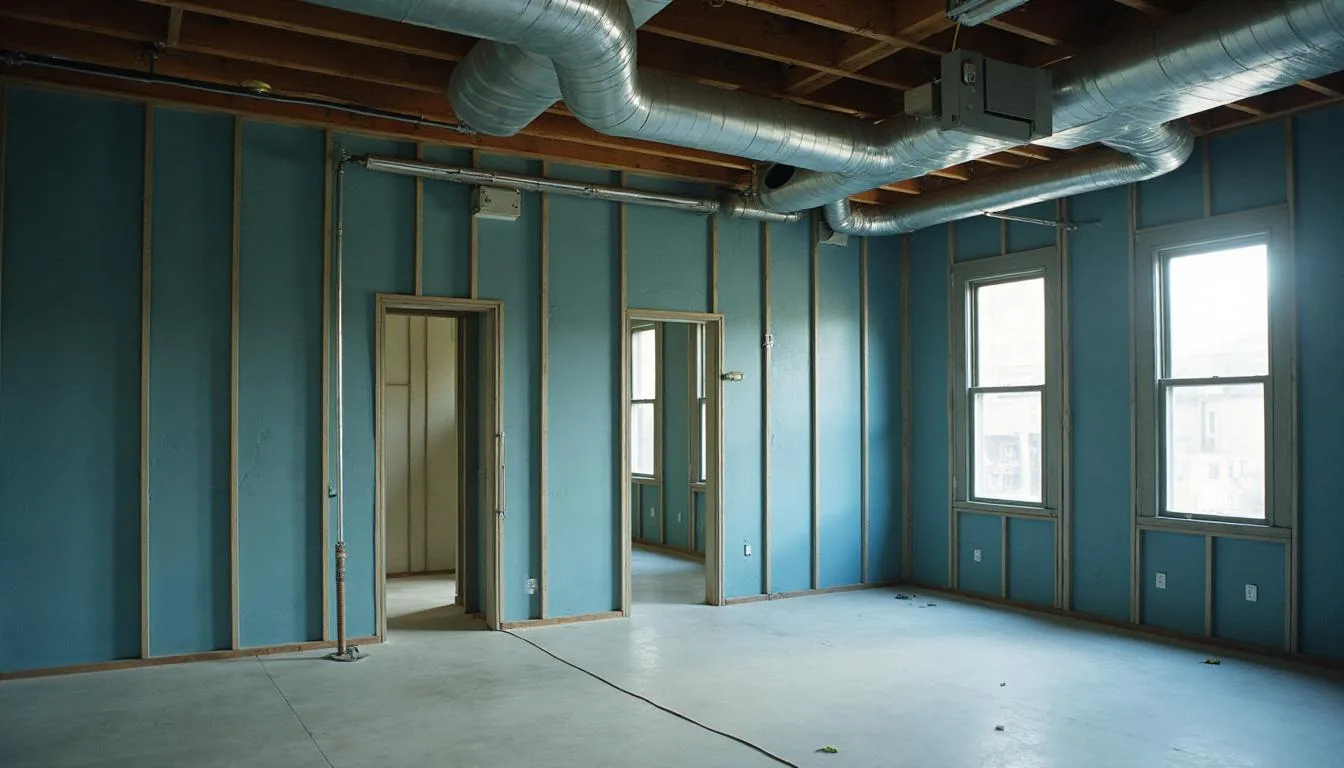Interior office build out in progress with metal stud framing and exposed ceiling services, used to illustrate tenant improvement construction
