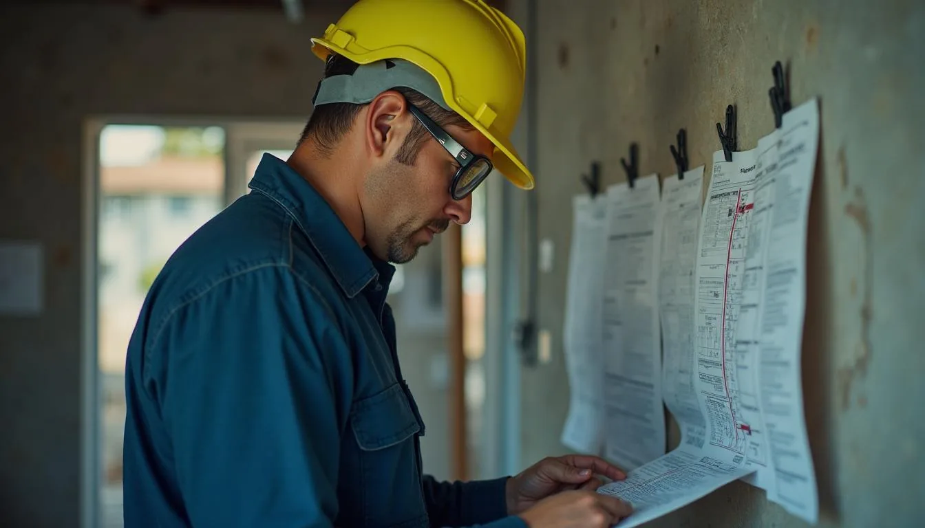 Pest control technician inspecting a foundation and recording a termite treatment graph, used to illustrate termite bond and warranty work