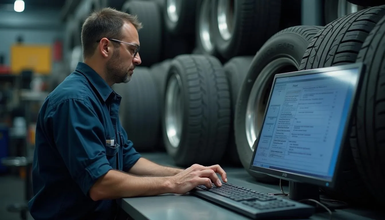 A tyre shop owner checking per tyre fee totals and exemption certificates on a counter screen beside racked tyres, used to show where the return is actually built.