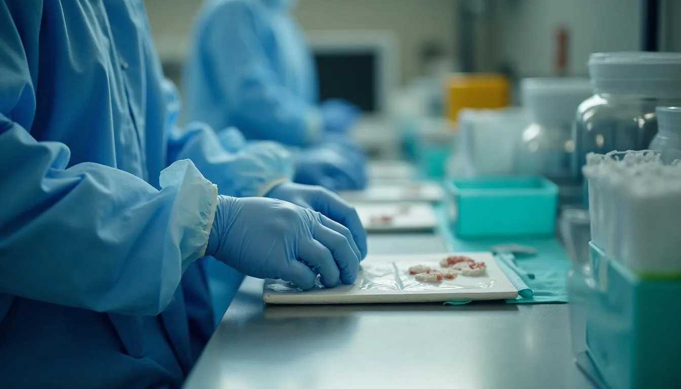 Tissue bank technician labelling processed allograft packages in a cleanroom, used to illustrate HCT/P processing and traceability