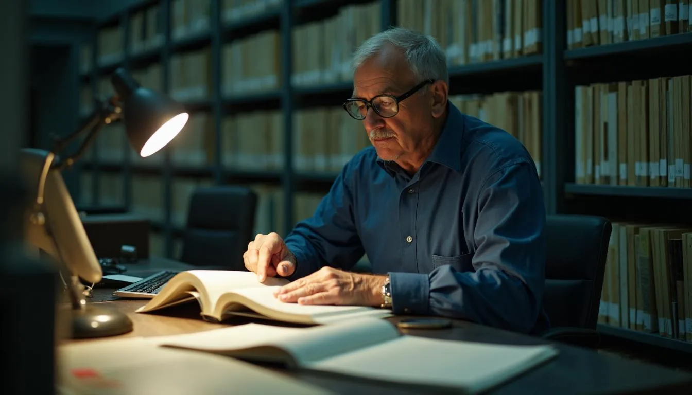 Title abstractor working through bound deed books in a county records room, used to illustrate land records searching