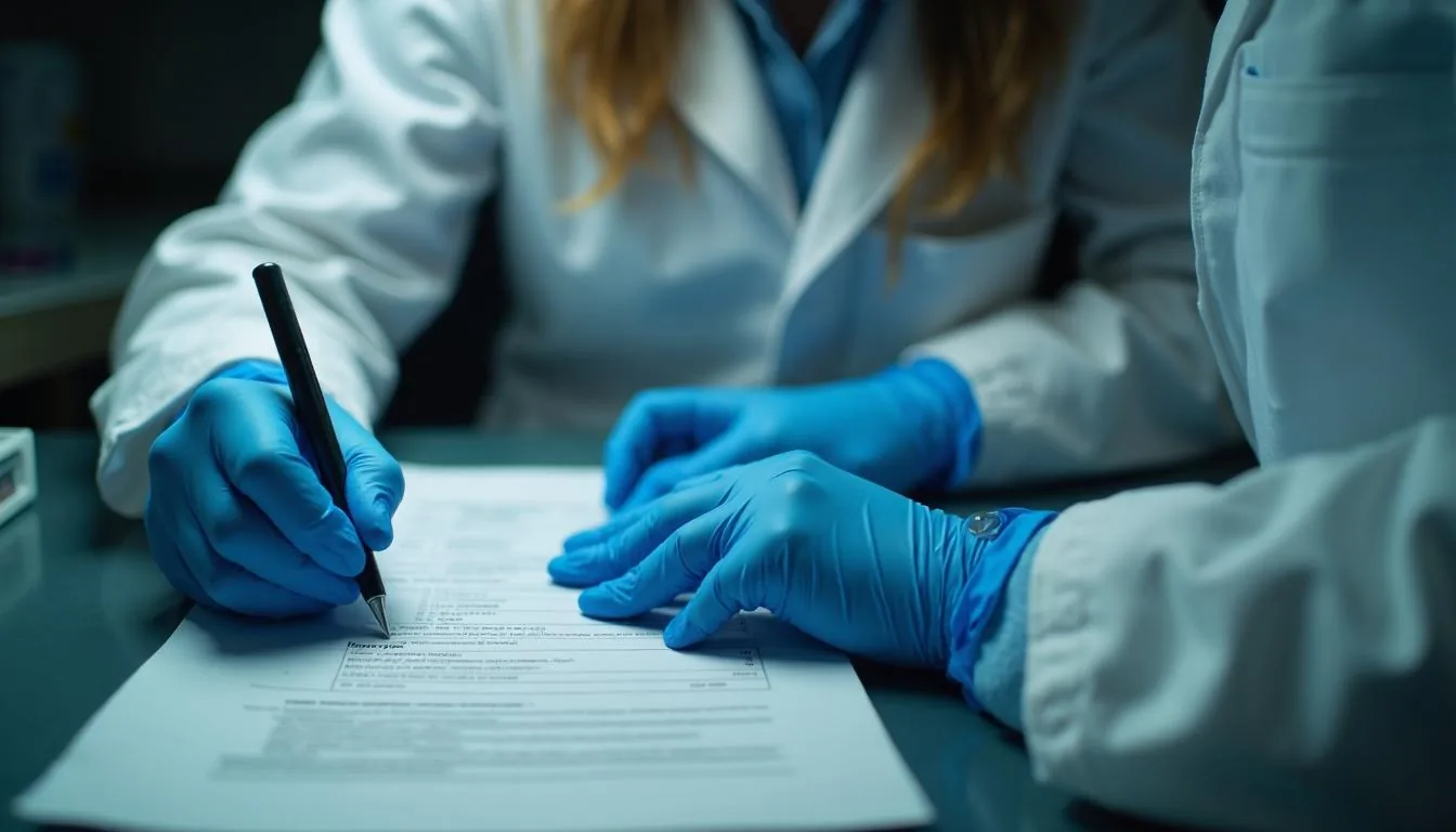 Laboratory analyst sealing a urine specimen and signing a chain of custody form at a toxicology bench, used to illustrate where custody is recorded before any instrument sees the sample