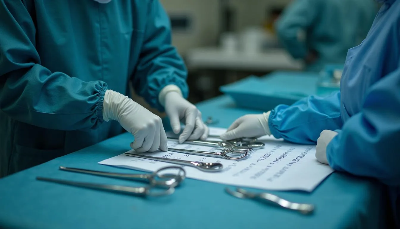 Sterile processing technician assembling a surgical instrument set against a count sheet, used to illustrate instrument tray tracking