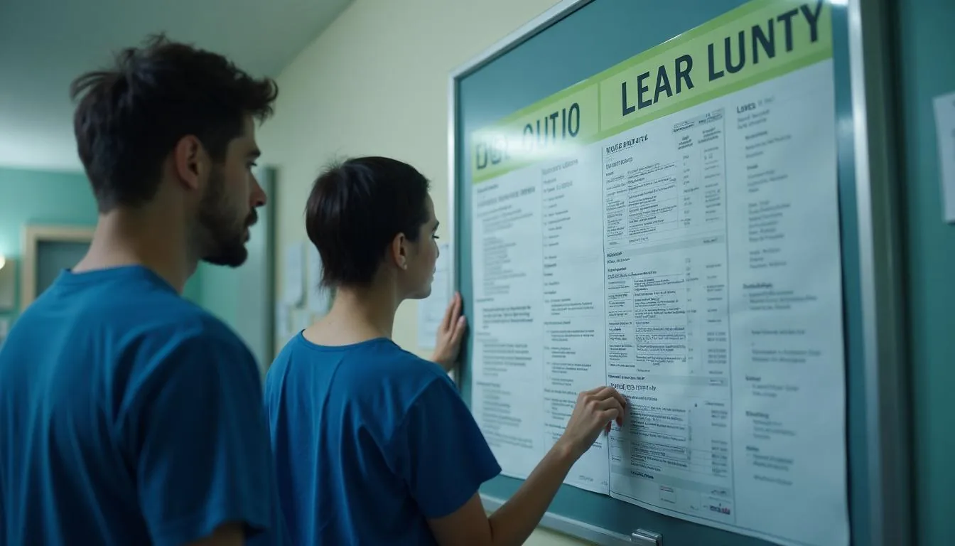 Clinical staff reviewing a treatment center census board showing levels of care and authorization dates
