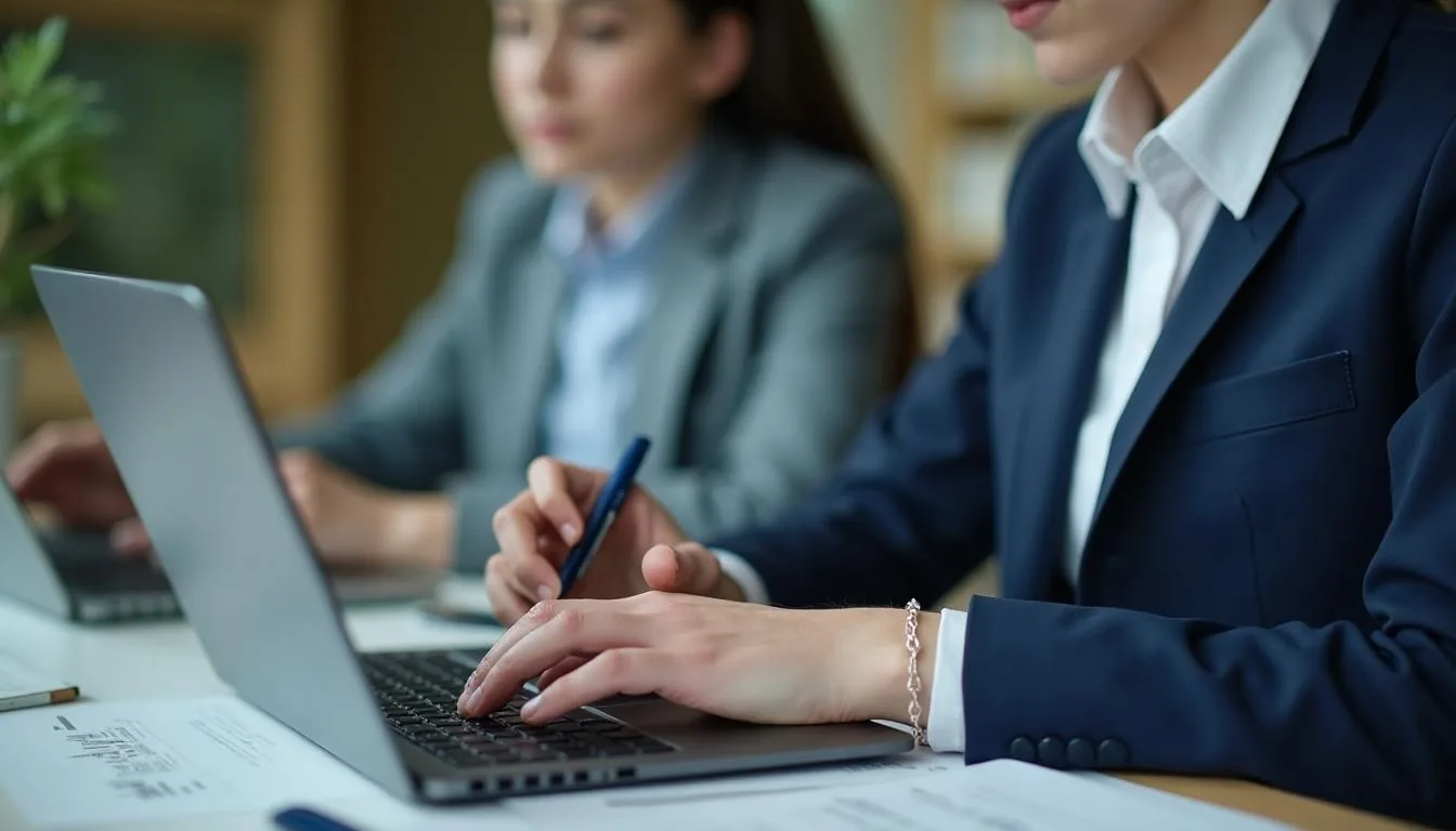 School business manager reviewing family tuition ledgers and payment plans on a laptop, used to illustrate school billing work