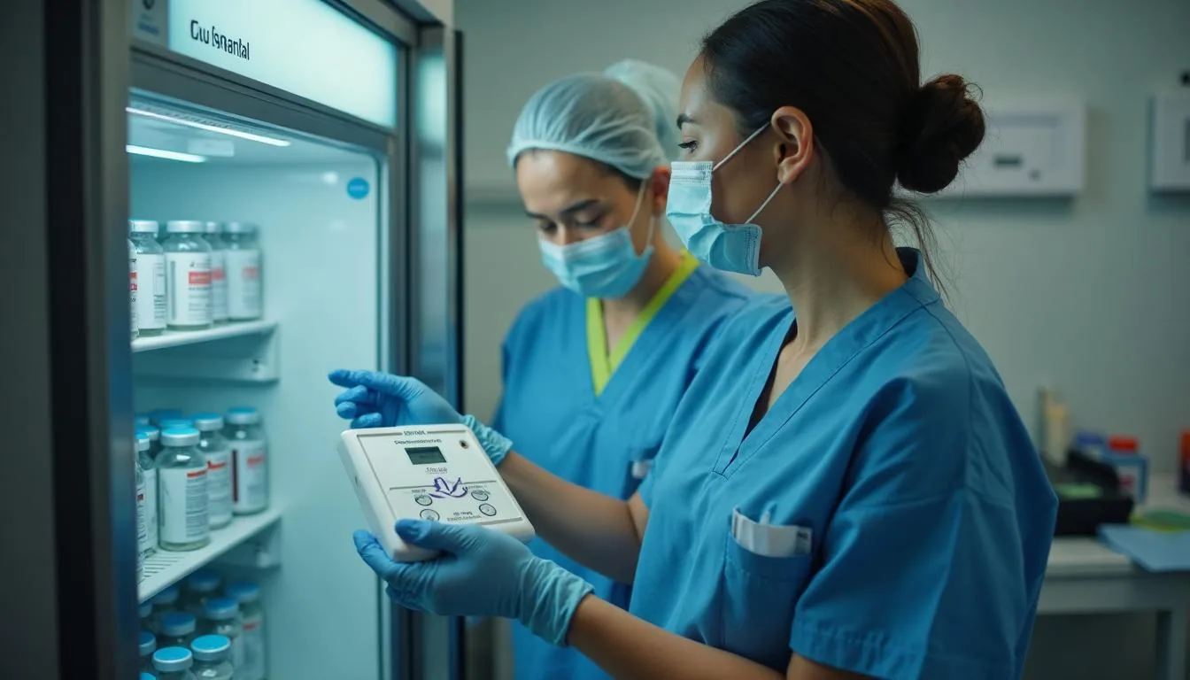 Clinic coordinator checking vaccine boxes and a temperature data logger inside a monitored medical refrigerator