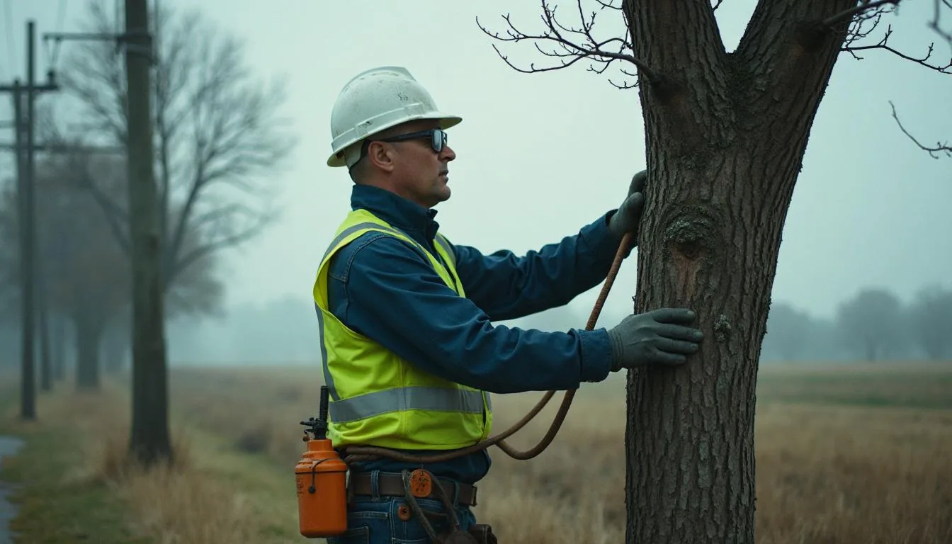 Line clearance crew trimming a tree away from an energised distribution conductor on a rural right of way, used to illustrate how clearance work is recorded span by span