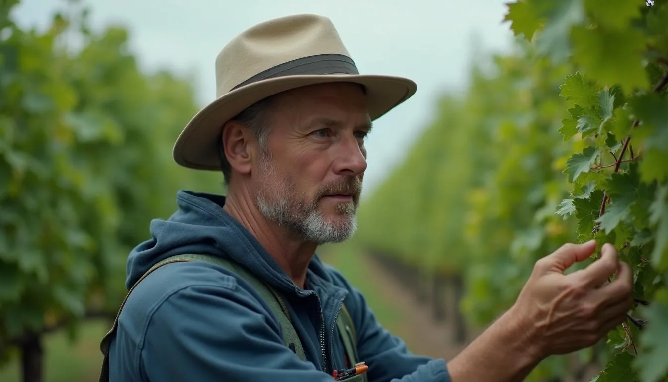Vineyard manager checking cluster development in a trellised block during veraison, used to illustrate block level vineyard management