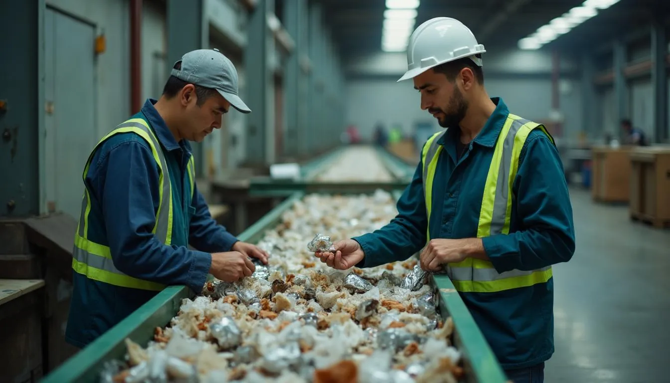 Sort line worker inspecting mixed recyclables on a conveyor at a material recovery facility, used to illustrate where contamination is measured before a load becomes baled commodity